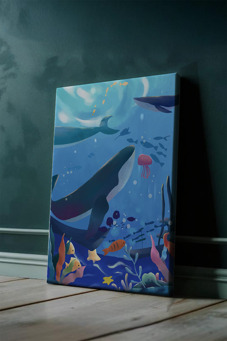 Underwater scene with whales, fish, and coral reef
