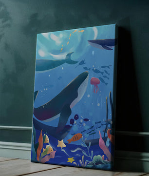 Escena submarina con ballenas, peces y arrecife de coral