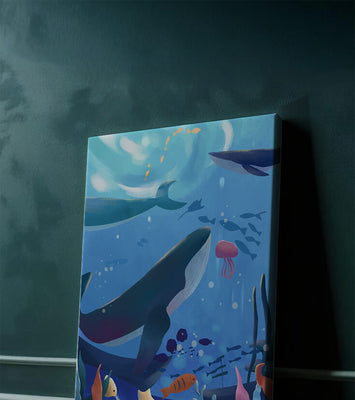 Underwater scene with whales, fish, and coral reef