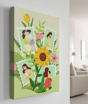 Ilustración de momentos familiares con fondo floral vibrante