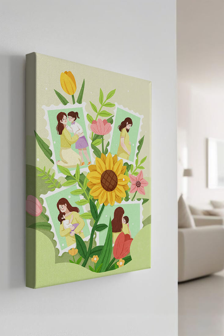 Ilustración de momentos familiares con fondo floral vibrante