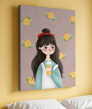 Illustration of a girl with a beverage surrounded by citrus slices