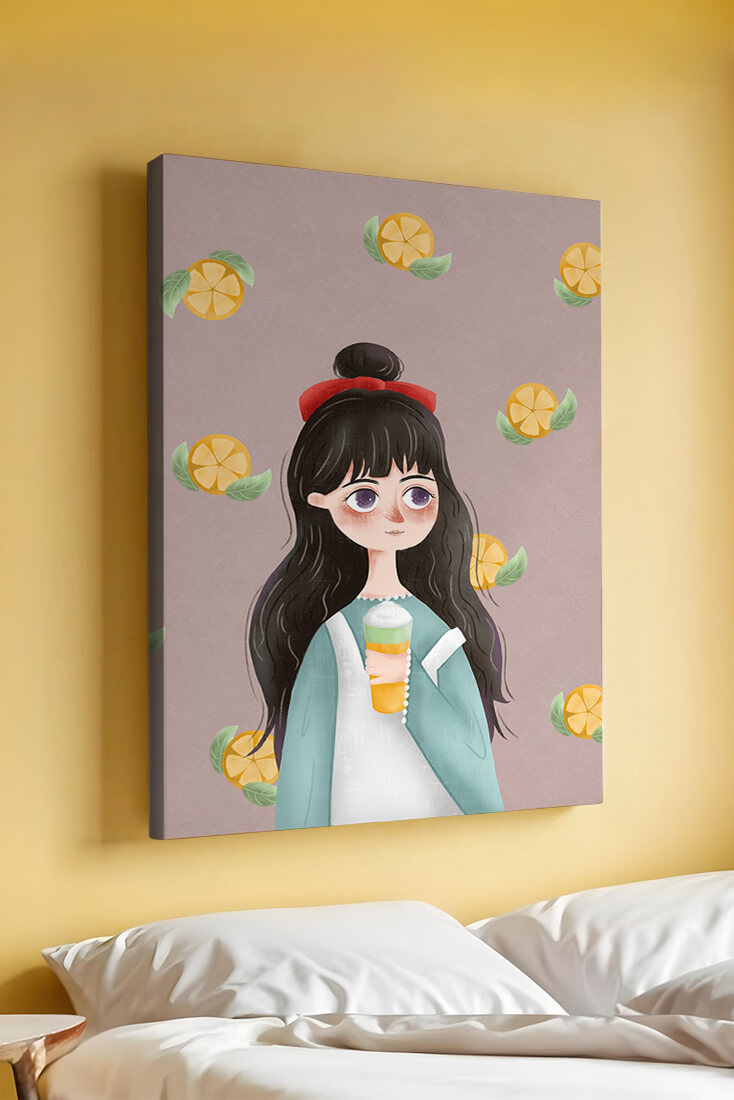 Illustration of a girl with a beverage surrounded by citrus slices