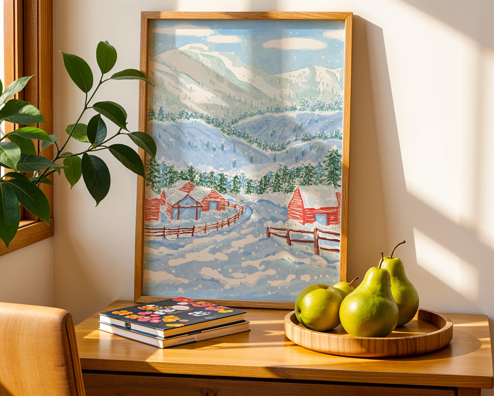 Charming snowy landscape with mountain view and cozy cabins
