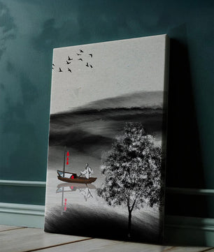 Voyage paisible en bateau dans un paysage serein avec oiseaux et arbre