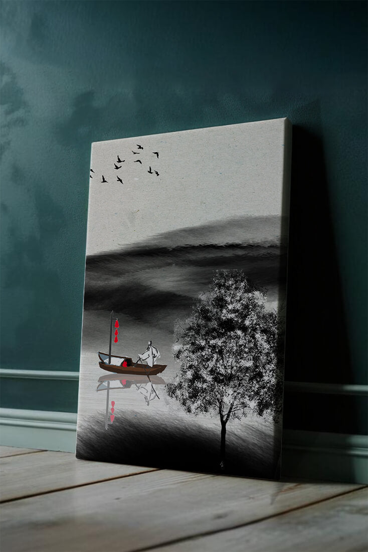 Tranquilo viaje en barco en un paisaje sereno con pájaros y árbol