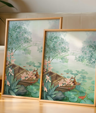 Serene Pond with Wooden Boat and Bridge Under Misty Sky - Mi tienda