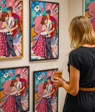 Pareja abrazándose en estilo pop art con un fondo colorido