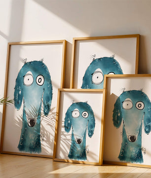 Illustration fantaisiste d’un chien bleu aux traits expressifs