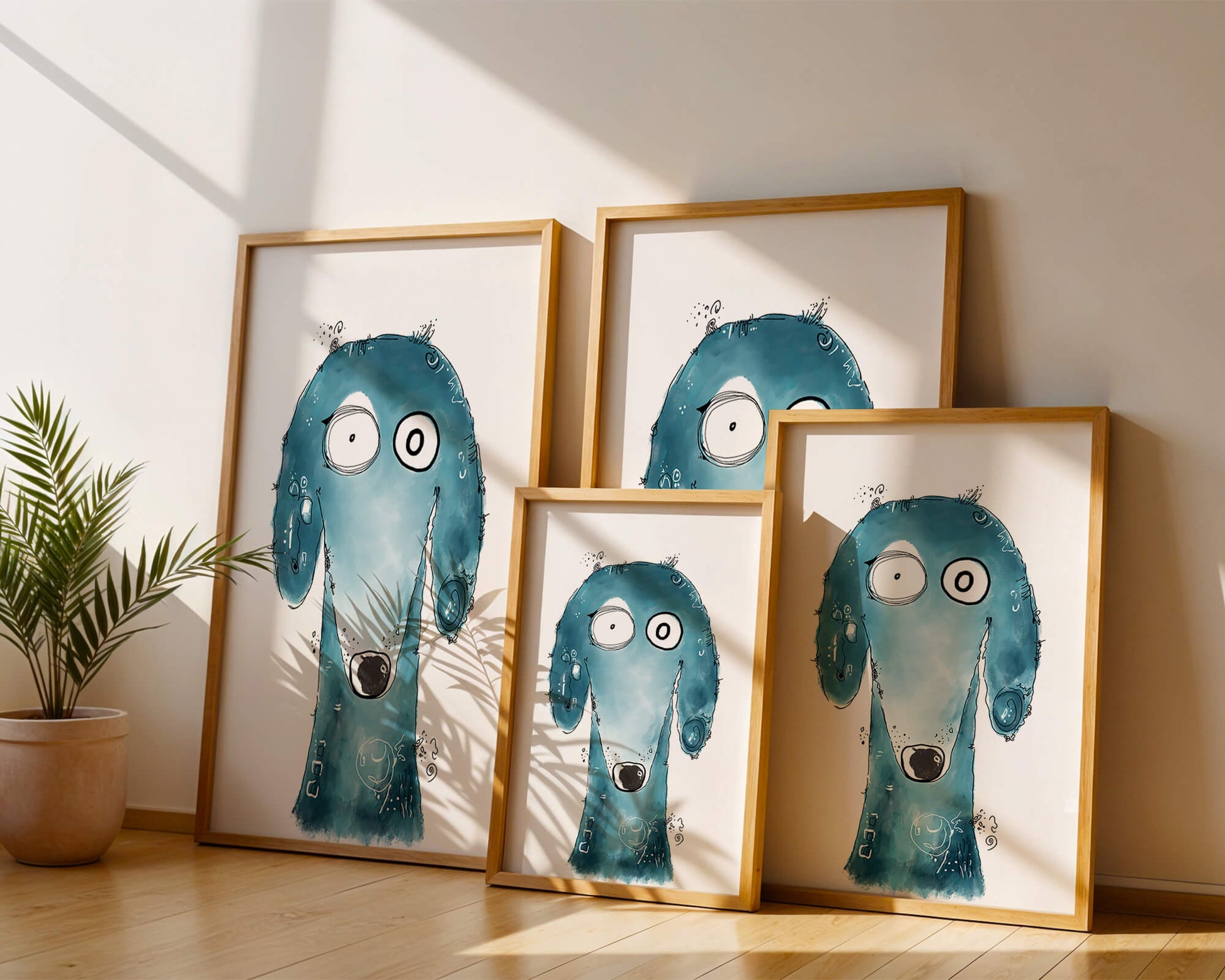 Whimsical blue dog illustration with expressive features