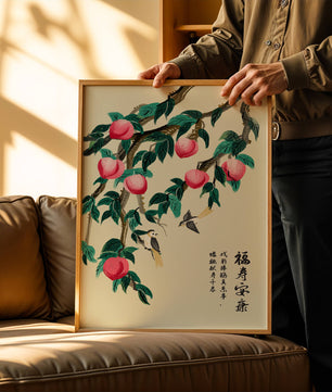 Delicate illustration of peach tree with birds and calligraphy