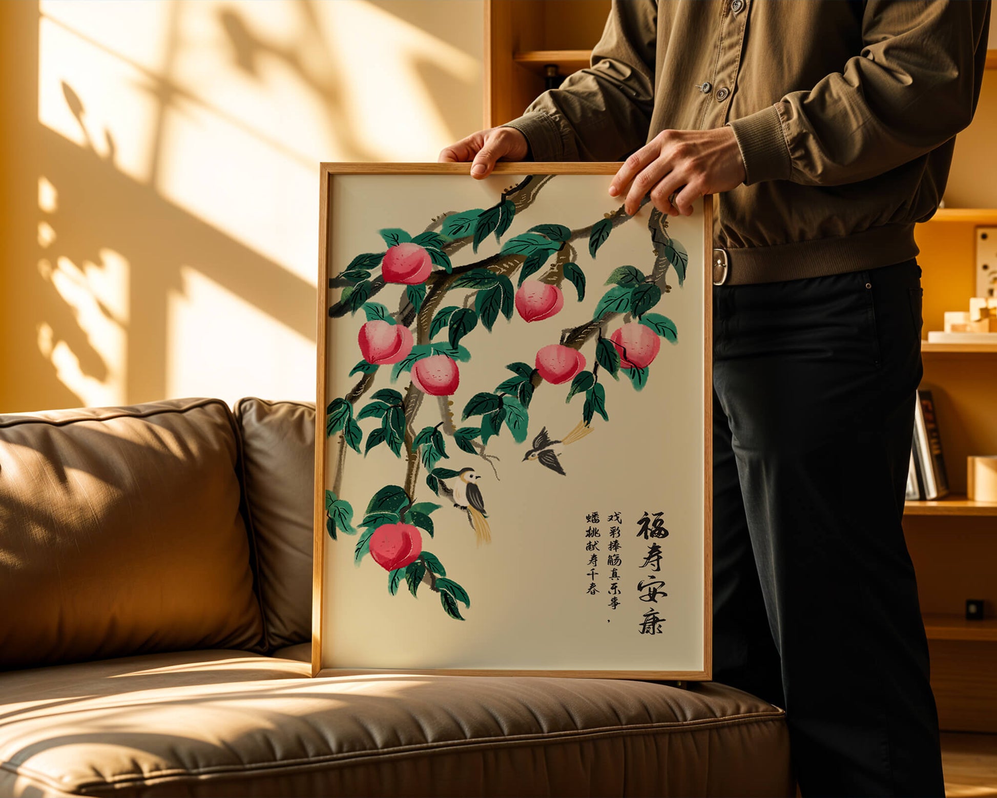 Delicate illustration of peach tree with birds and calligraphy