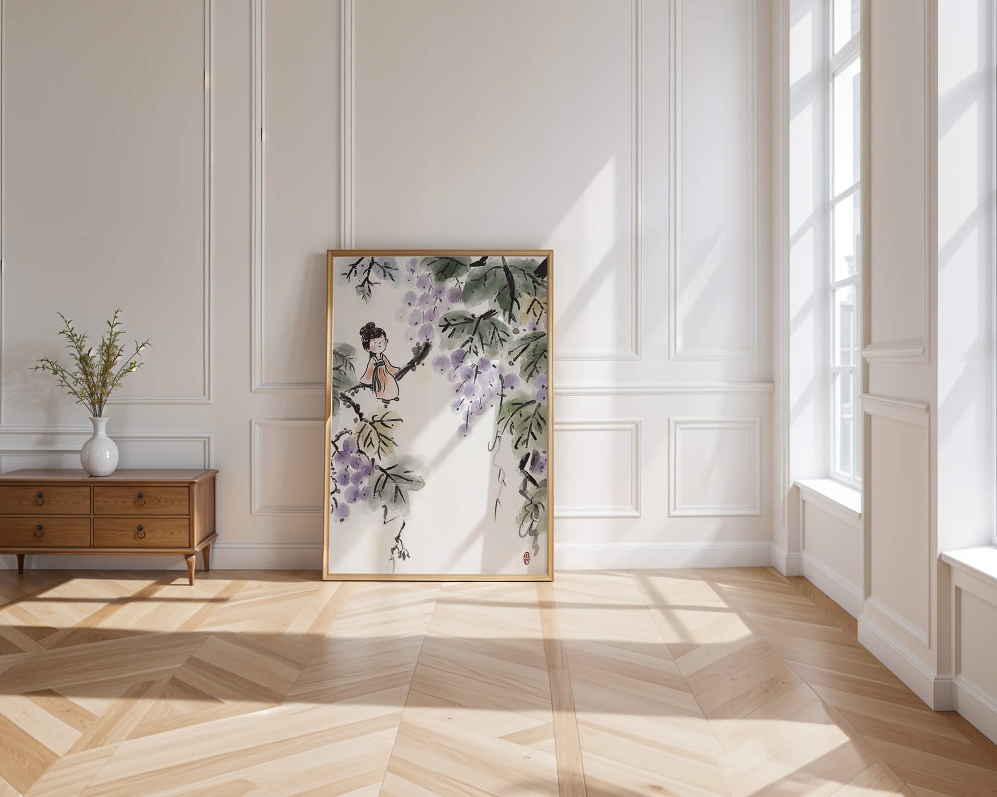 Una chica caprichosa sentada en una rama con bayas moradas y hojas verdes en estilo acuarela