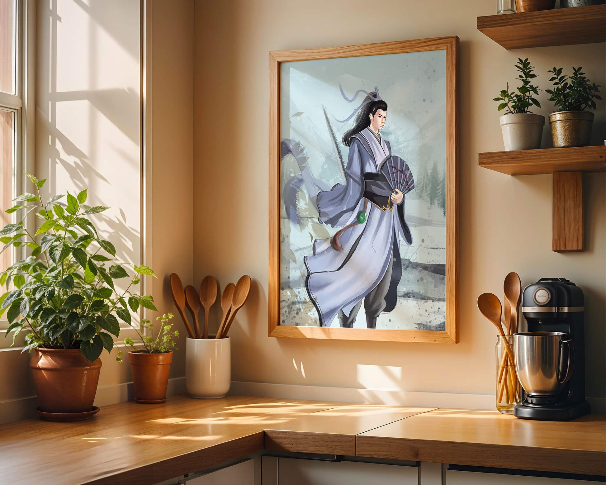 Elegant warrior in traditional attire with flowing robes and fan