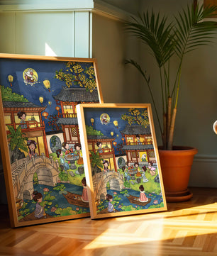Traditional Chinese Garden Scene with Lanterns and Moon Rabbit