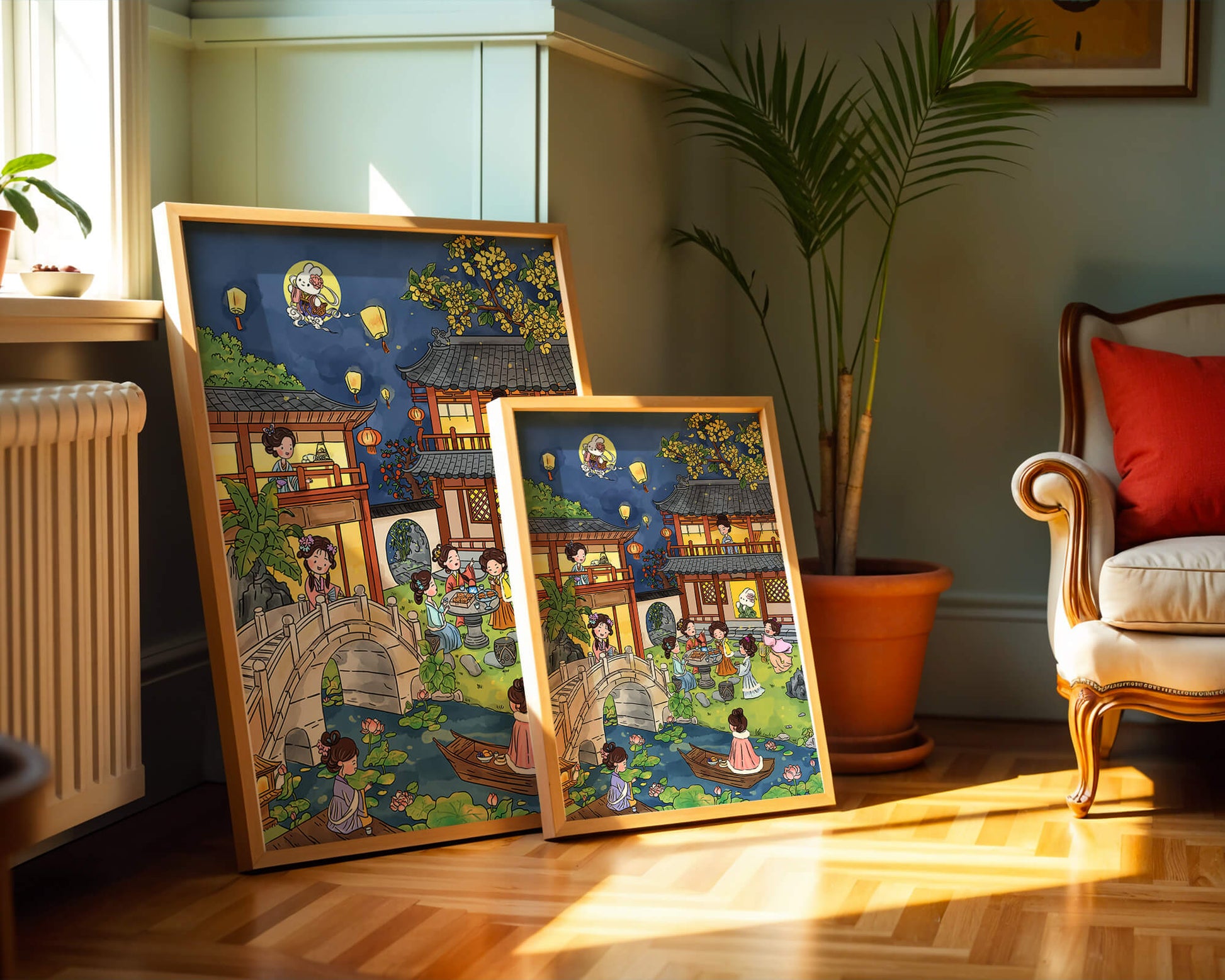 Escena de jardín chino tradicional con linternas y conejo lunar