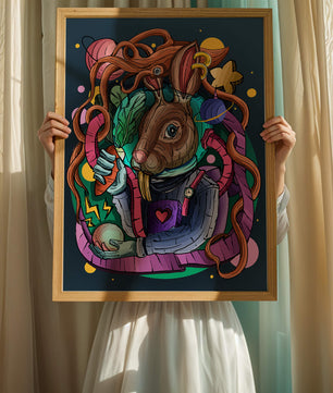 Ilustración abstracta colorida de un conejo en el espacio con pulpo, planetas y zanahoria