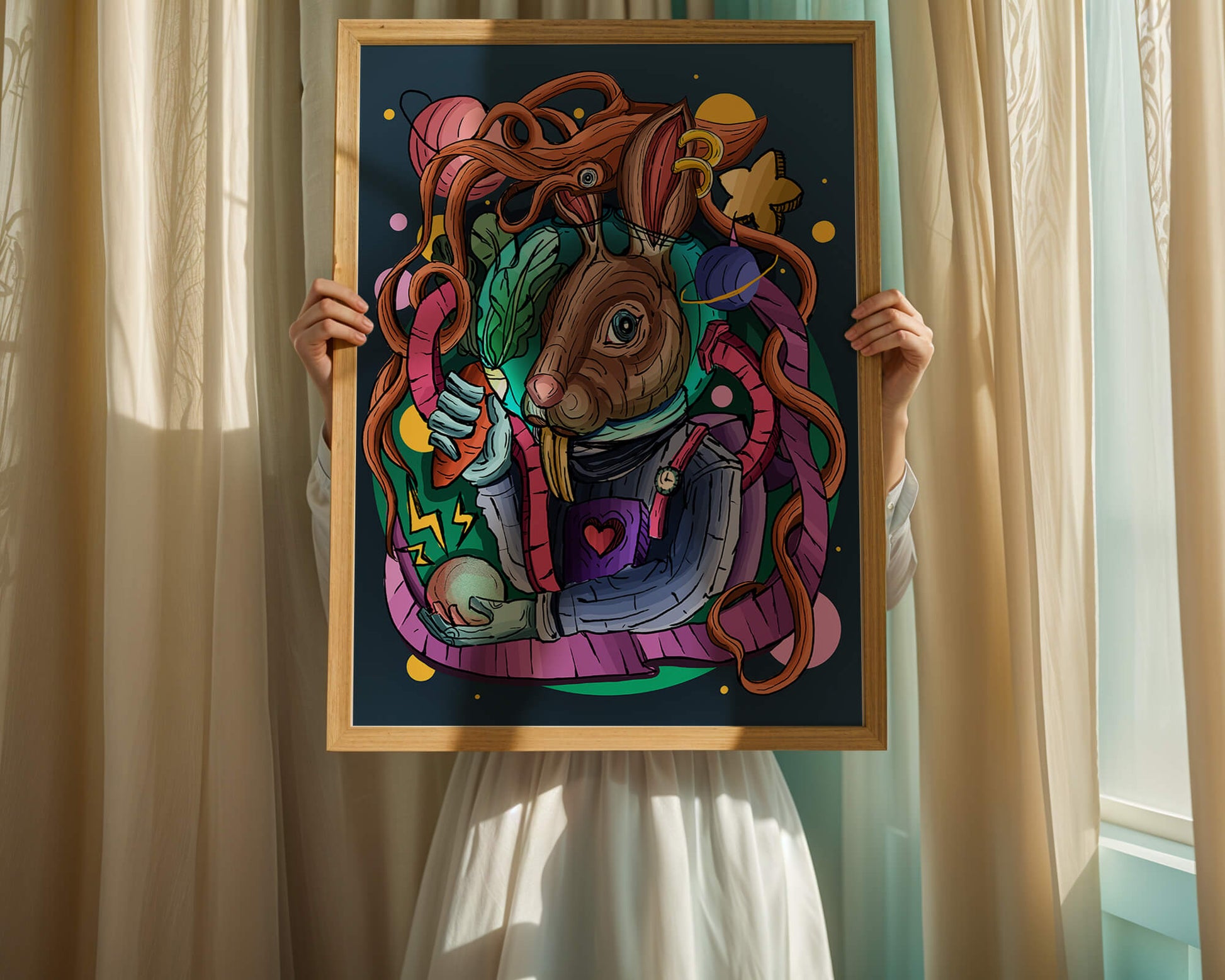 Ilustración abstracta colorida de un conejo en el espacio con pulpo, planetas y zanahoria.