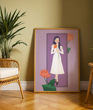 Illustration of a woman holding a flower in a serene pose