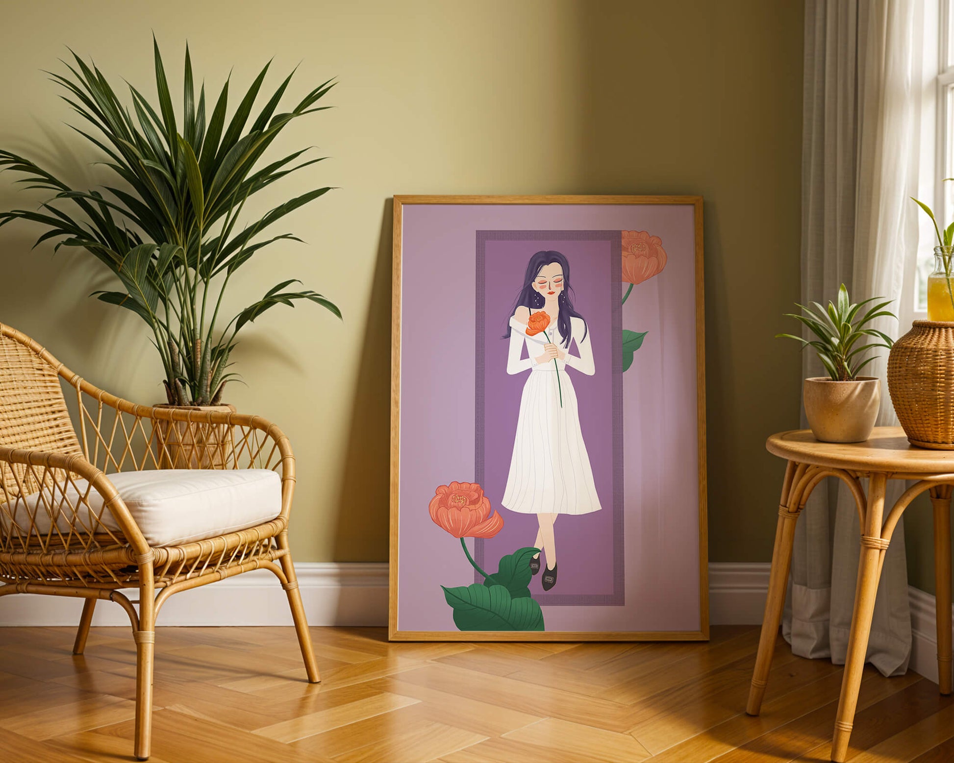 Illustration of a woman holding a flower in a serene pose