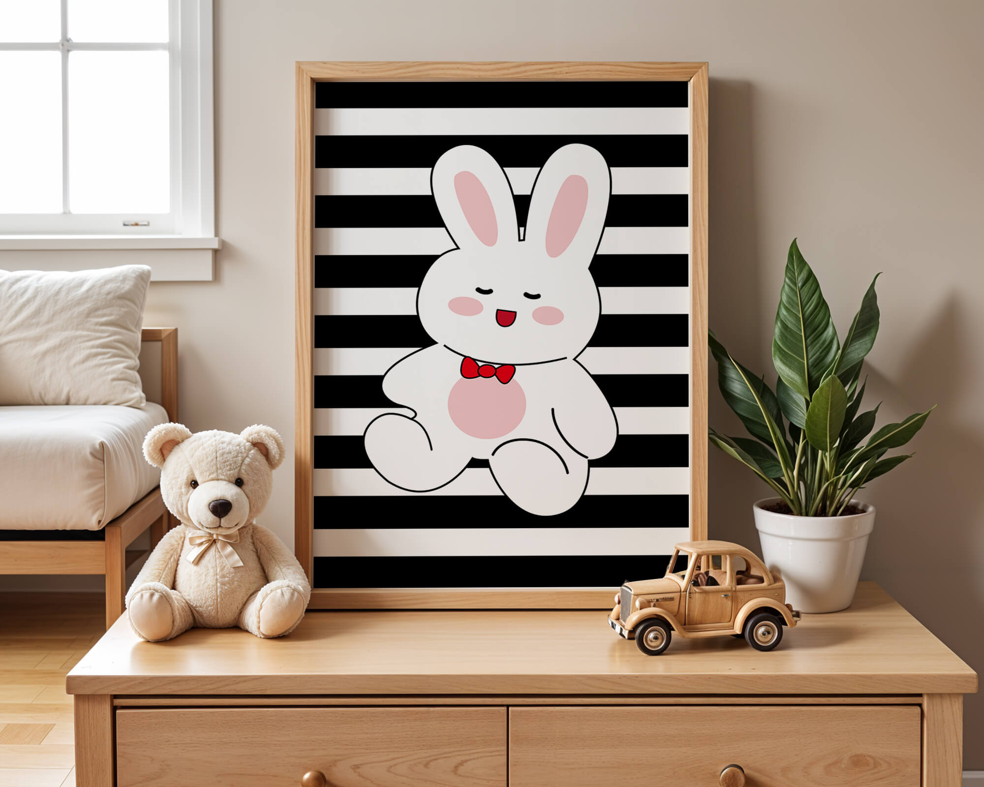 Adorable cartoon bunny with bold stripes and a red bow tie