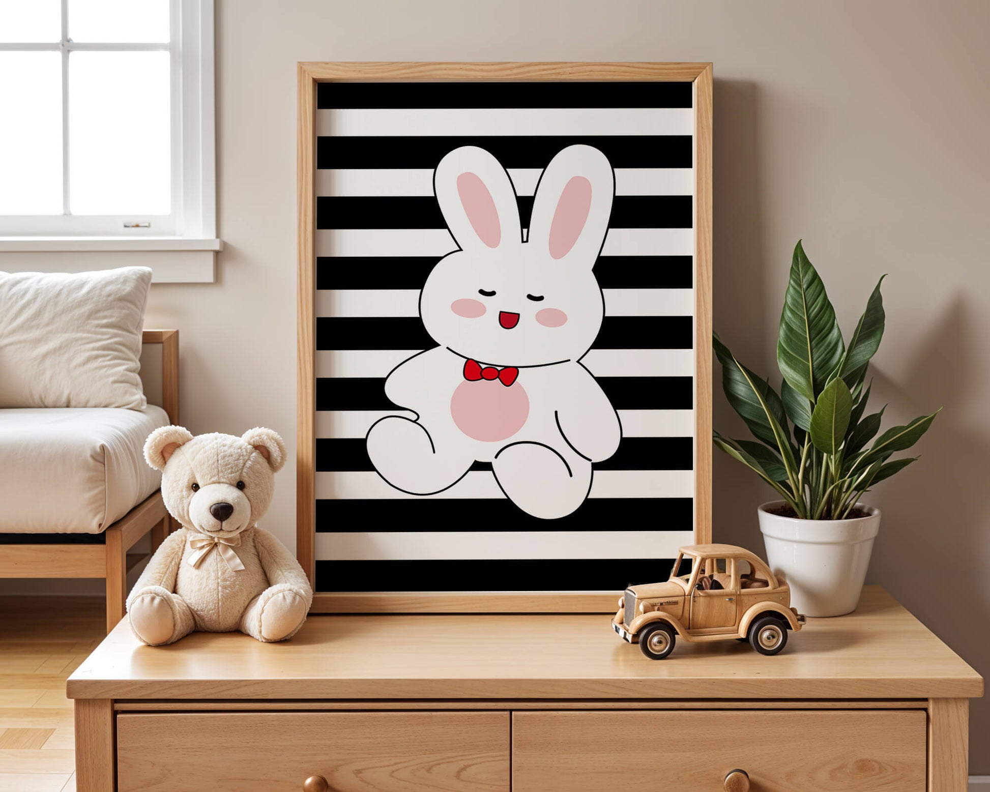 Adorable cartoon bunny with bold stripes and a red bow tie