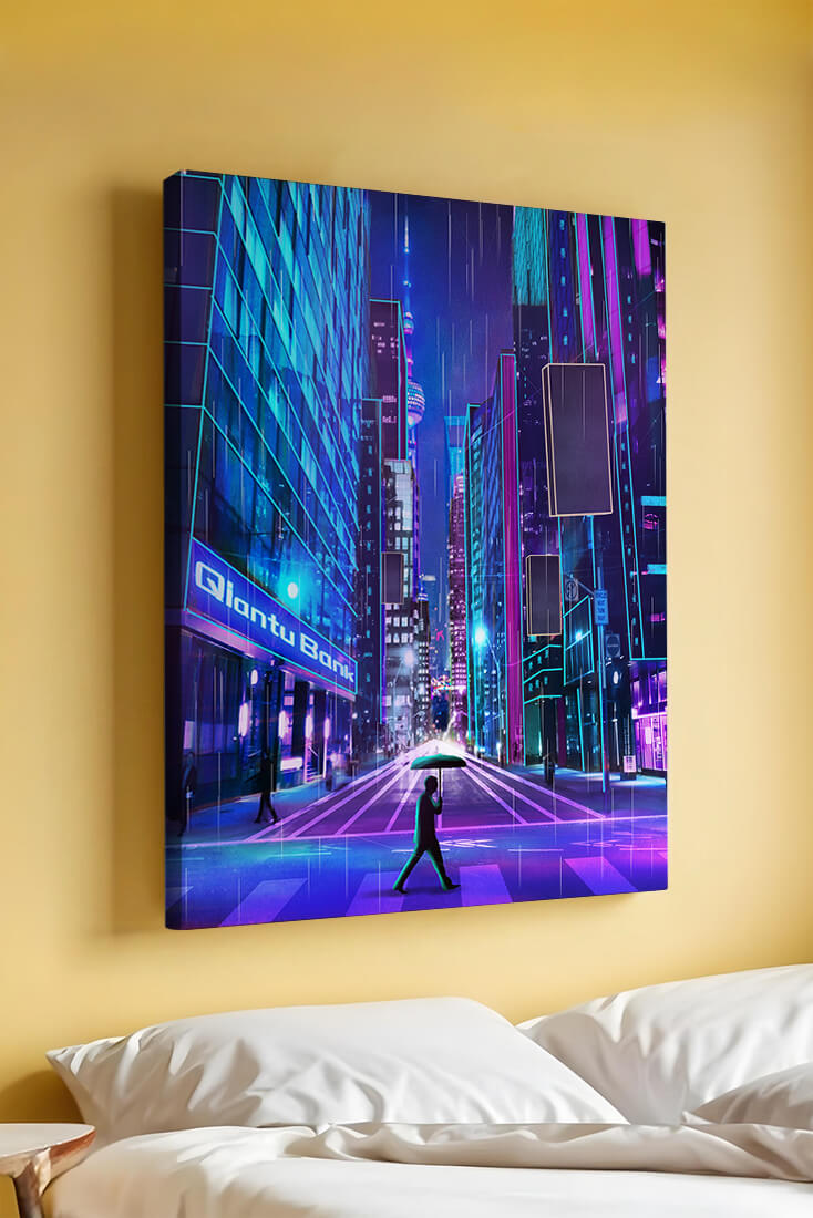 Futuristic urban street scene with neon lights and rainy atmosphere