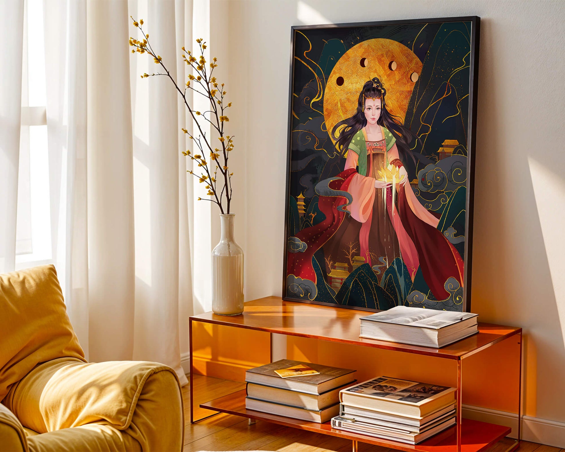Elegante representación de una figura mítica con un fondo celestial dorado.