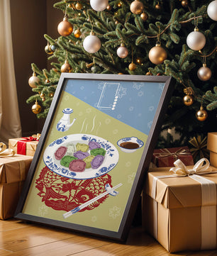 Colorful dumplings and tea set on decorative mat