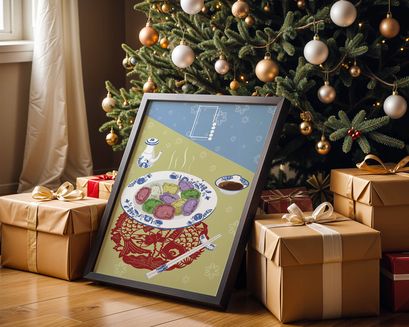 Colorful dumplings and tea set on decorative mat