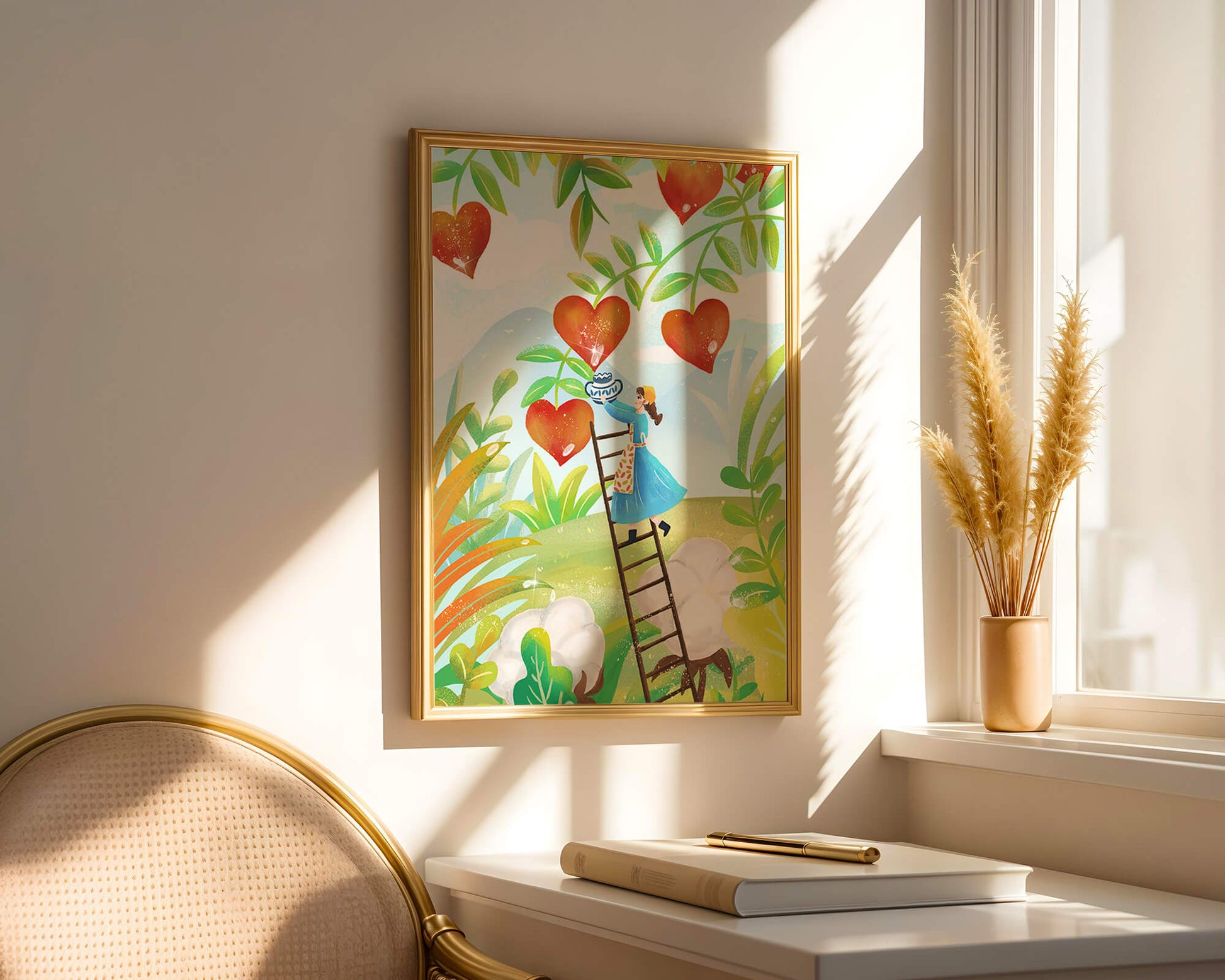 Mujer recolectando frutas en forma de corazón en el vibrante campo