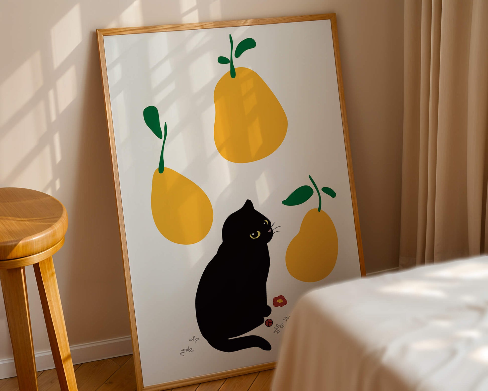 Ilustración de gato negro con peras amarillas y hojas verdes