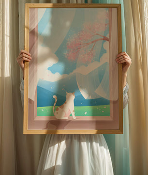 Serene scene with cat gazing out at cherry blossoms through window