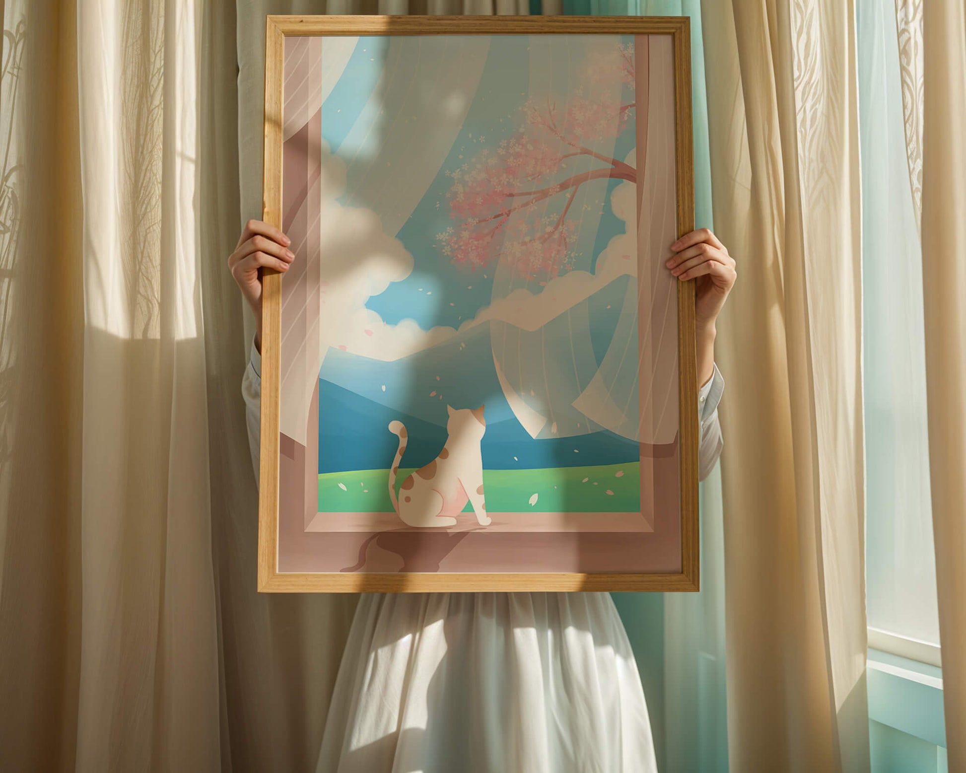 Serene scene with cat gazing out at cherry blossoms through window