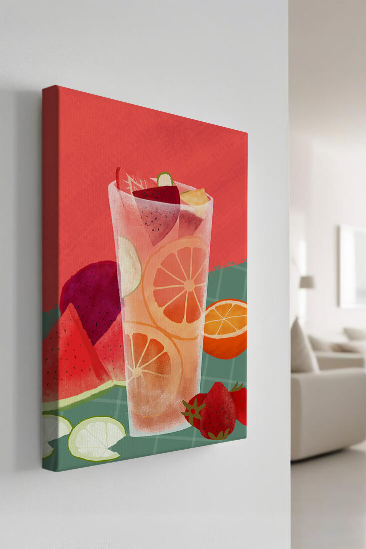 Ilustración de cóctel de frutas refrescante con cítricos y sandía.