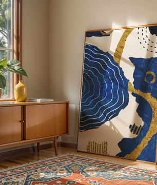 Abstract blue and gold textured artwork with wave patterns