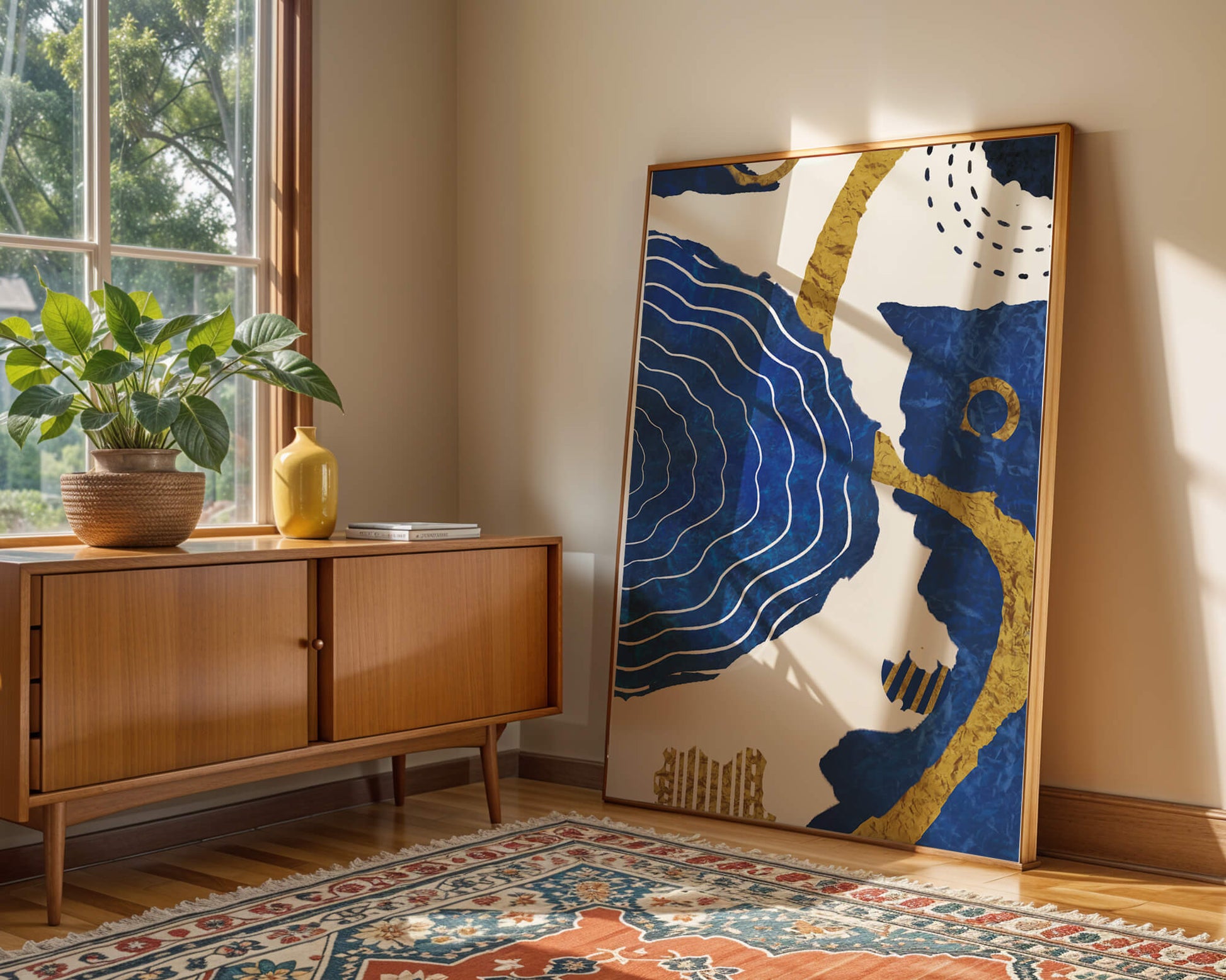 Abstract blue and gold textured artwork with wave patterns