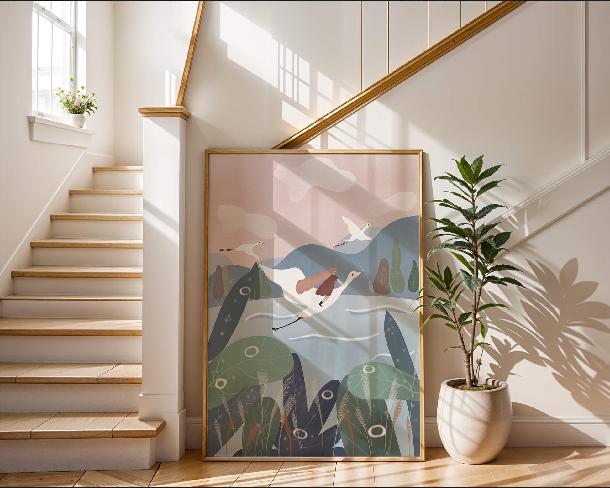 Whimsical landscape with flying birds and pink sky