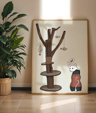 Illustration of a cat tree with a thoughtful cat in a sweater