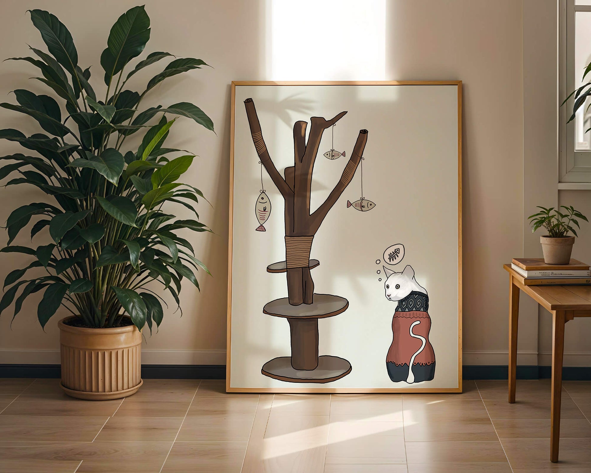 Illustration of a cat tree with a thoughtful cat in a sweater