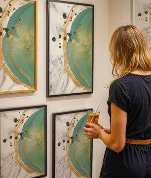 Elegant abstract design with gold accents and teal hues