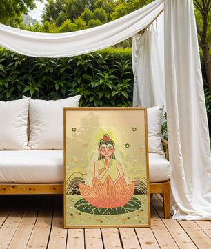 Heitere Illustration einer meditativen Figur auf einem Lotus mit himmlischem Hintergrund