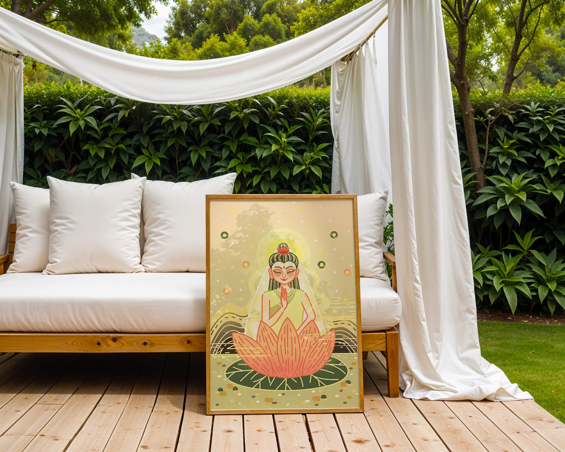 Serene illustration of meditative figure on a lotus with celestial background