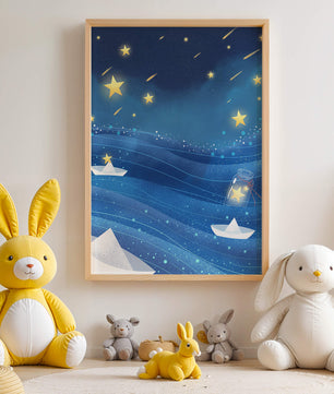 Sterne am Nachthimmel mit Papierbooten auf dem Meer