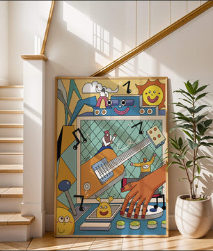 Colorful Cartoon Collage with Musical Elements and Smiling Faces