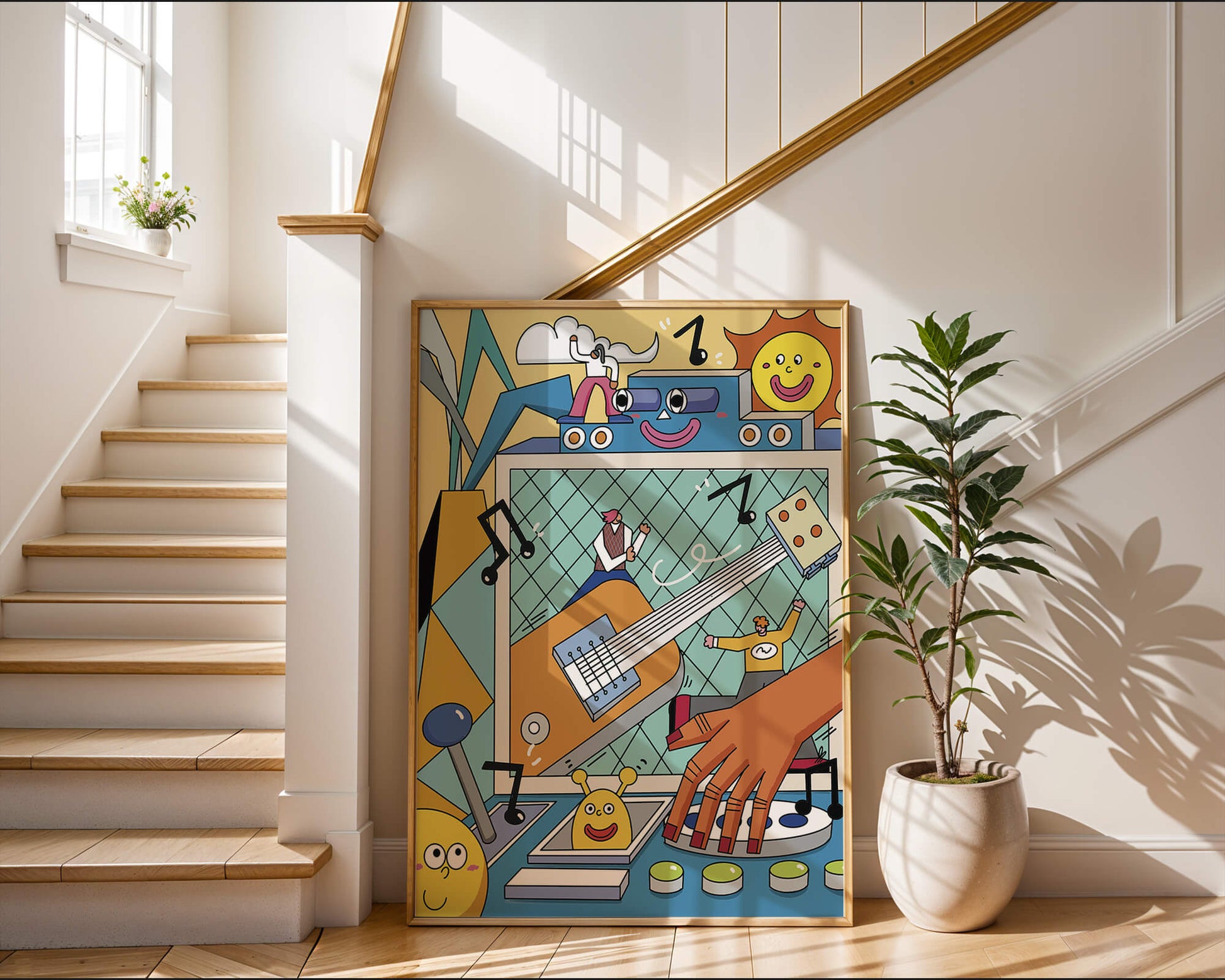 Colorful Cartoon Collage with Musical Elements and Smiling Faces