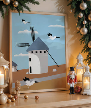 Windmill Landscape with Birds in a Minimalist Style