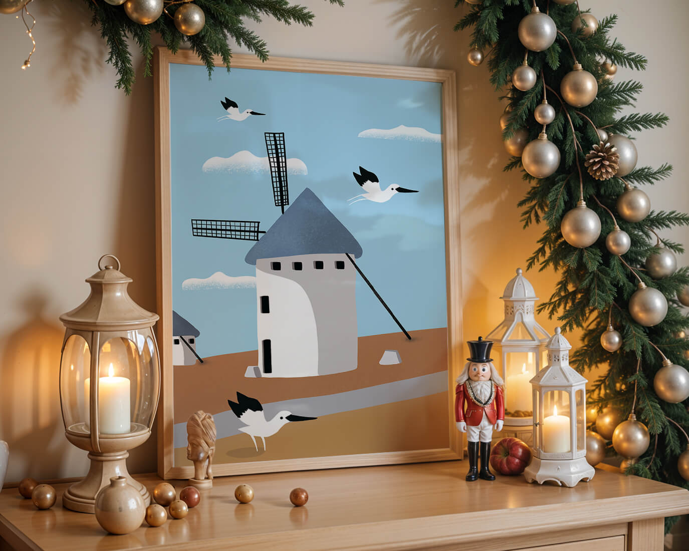 Paisaje de molino de viento con pájaros en estilo minimalista