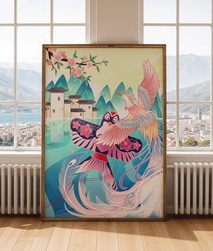 Illustration colorée d’oiseaux et de fleurs avec une architecture orientale
