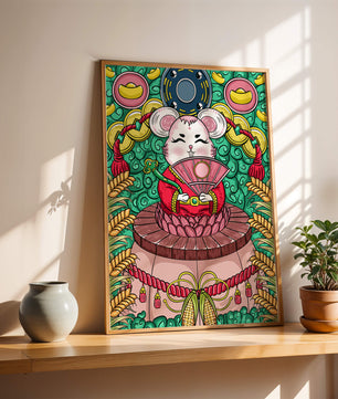 Ratón decorativo encantador con elementos asiáticos y monedas sobre un fondo vibrante